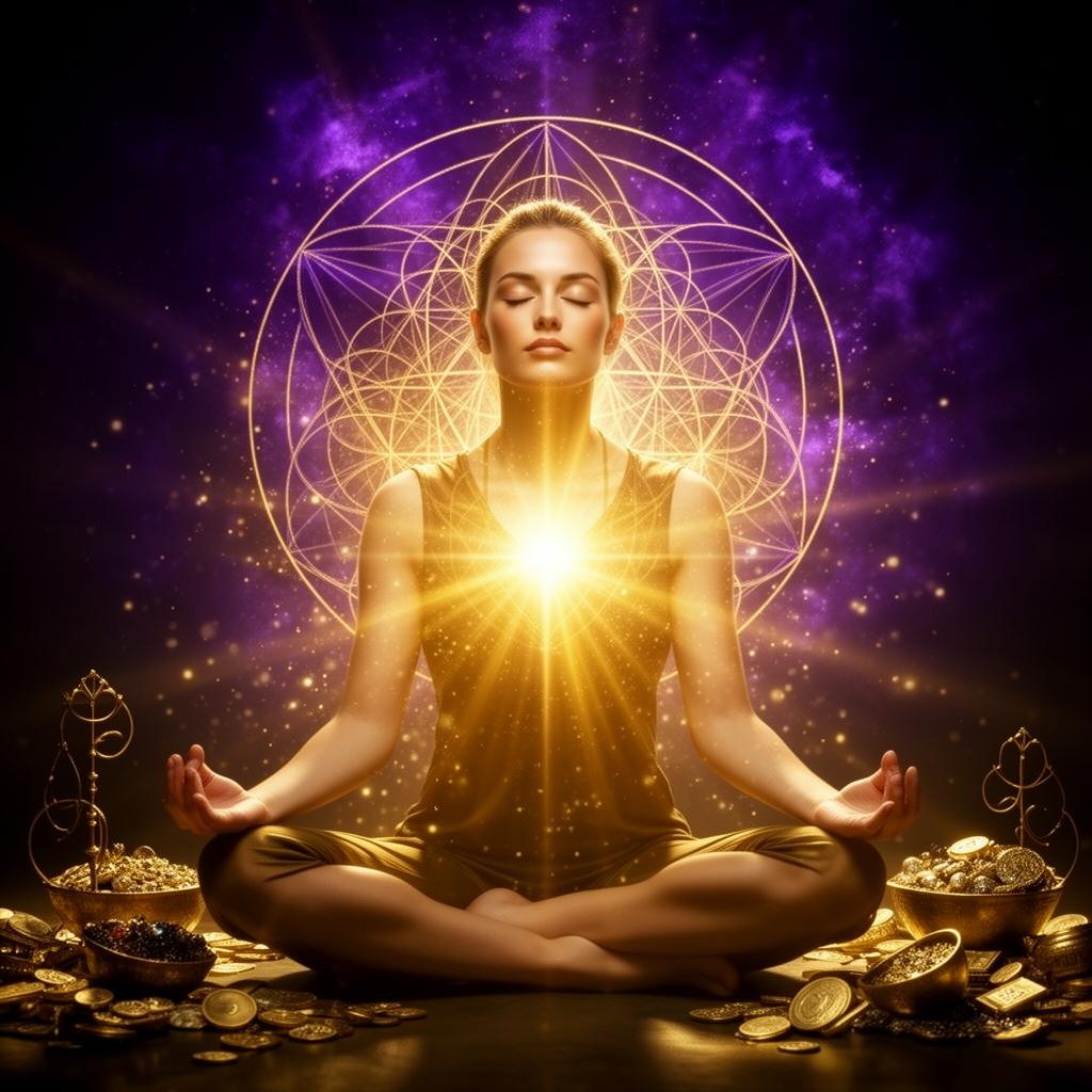 Mujer meditando rodeada de luz dorada y abundancia